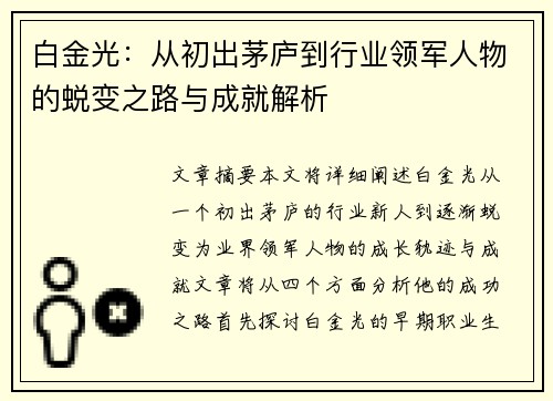 白金光：从初出茅庐到行业领军人物的蜕变之路与成就解析